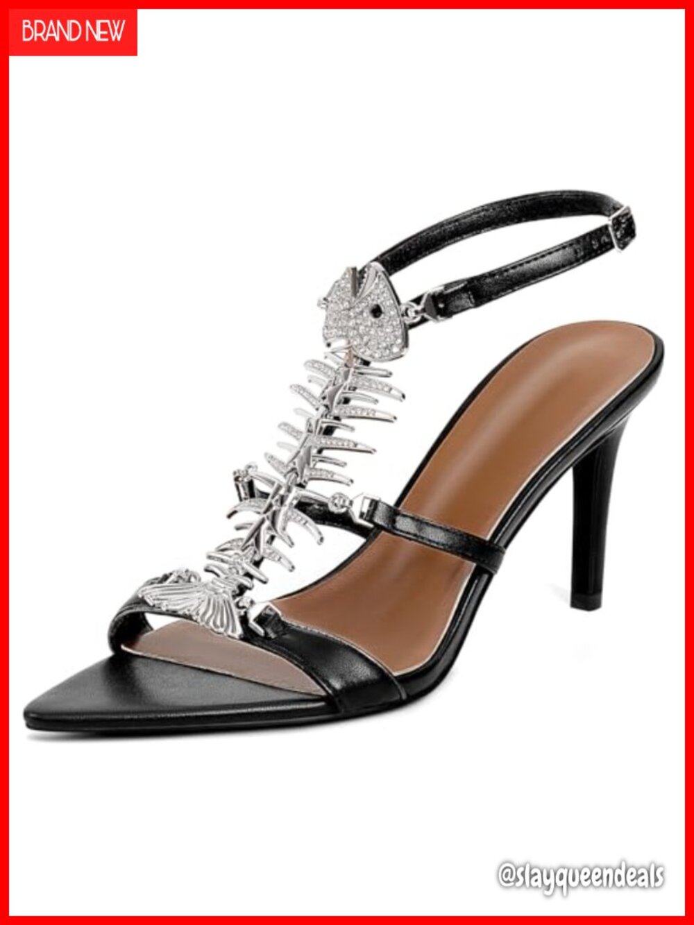 Womens Stiletto Heeled Sandals Fishbone Rhinestone Pointed Toe Ankle Strap